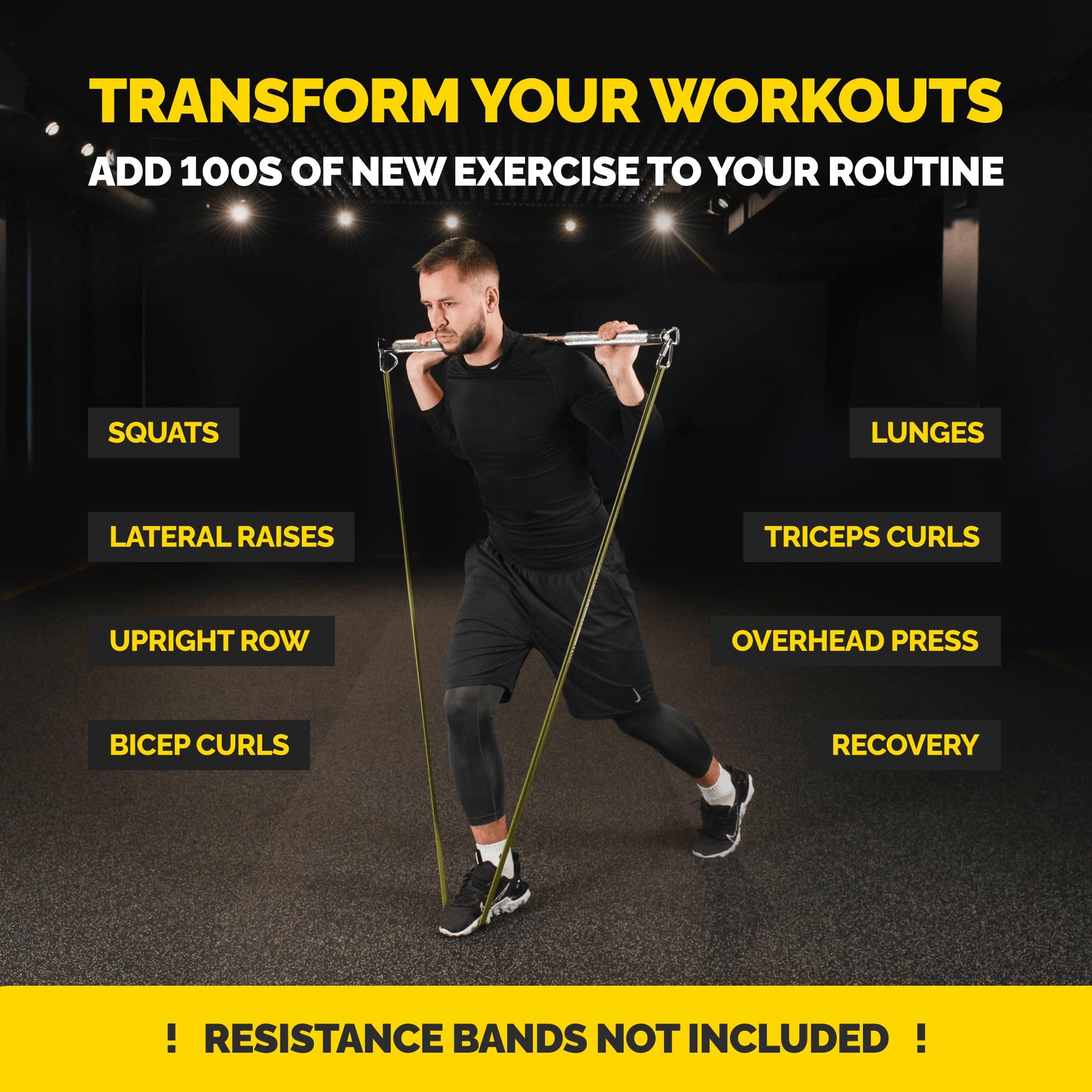 Man using the Tribe Lifting steel resistance band bar for squats and lunges, showing versatile workout options like curls, lateral raises, upright rows, overhead press, and recovery exercises.