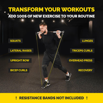 Man using the Tribe Lifting steel resistance band bar for squats and lunges, showing versatile workout options like curls, lateral raises, upright rows, overhead press, and recovery exercises.