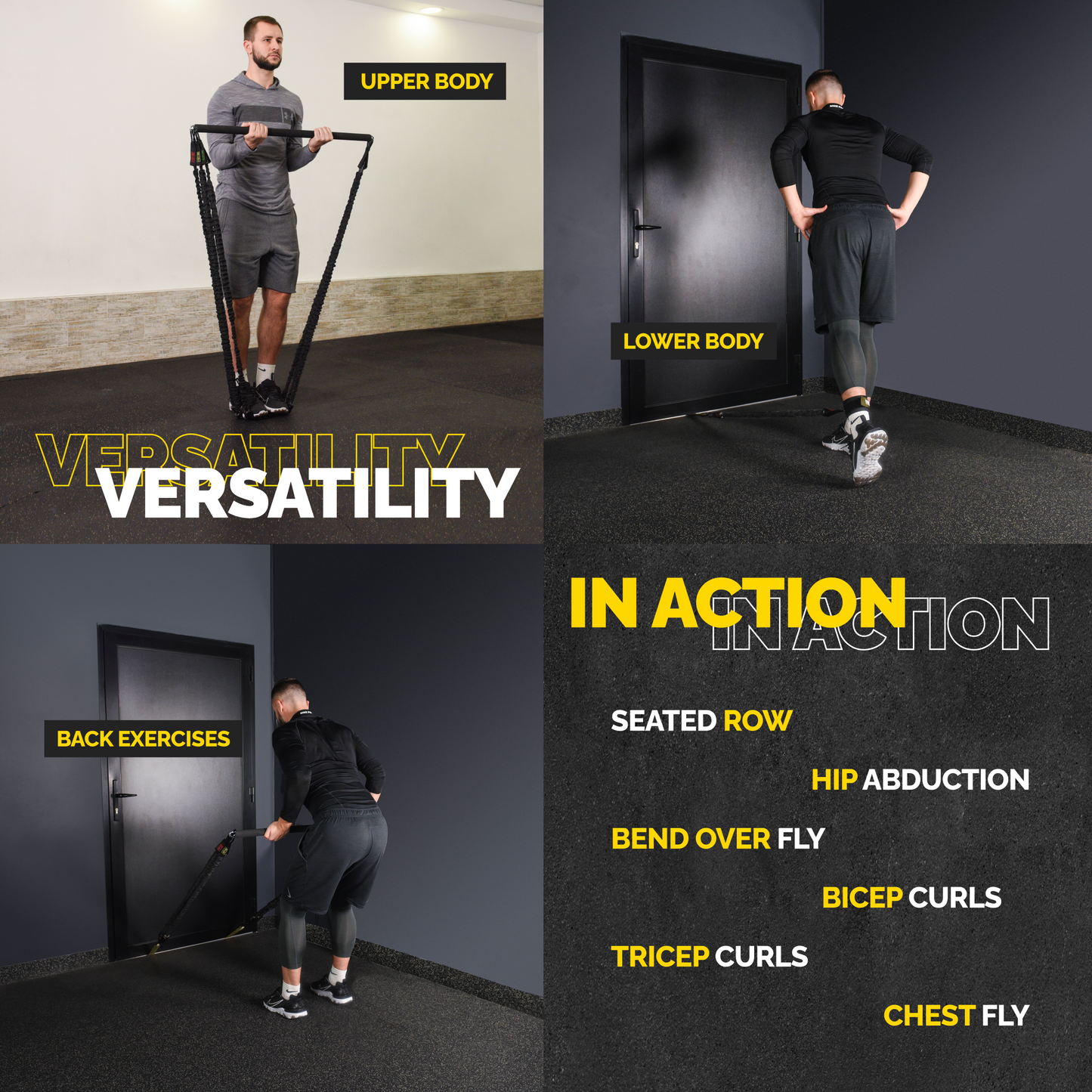 Man using Tribe Lifting tube resistance bands with a workout bar and door anchor for upper-body, lower-body, back, row, curl, fly, and hip exercises.