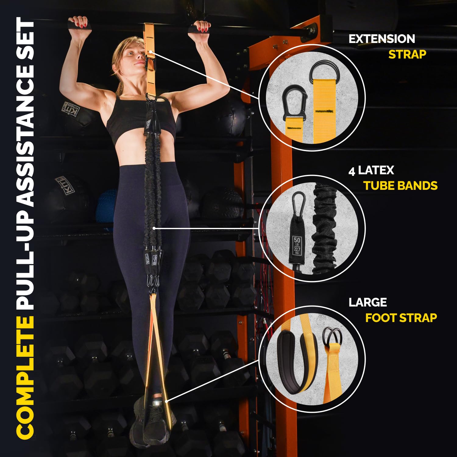 Woman using the yellow Tribe Lifting complete pull-up assistance set with extension strap, four latex tube bands, and large foot strap for assisted pull-up training.