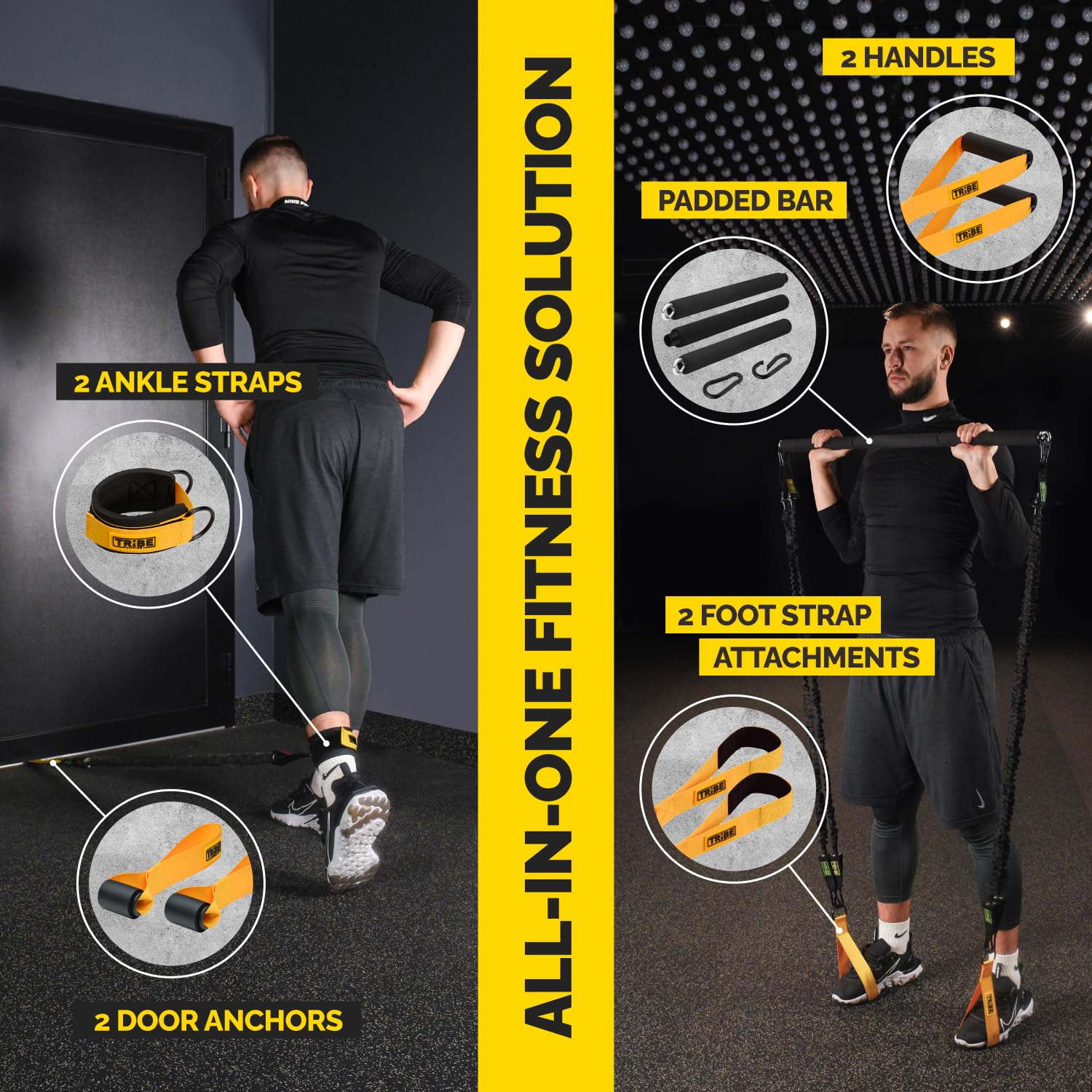 Man using the Tribe Lifting yellow nylon resistance bands set with padded bar, handles, ankle straps, door anchors, and foot strap attachments for an all-in-one home gym strength training solution.