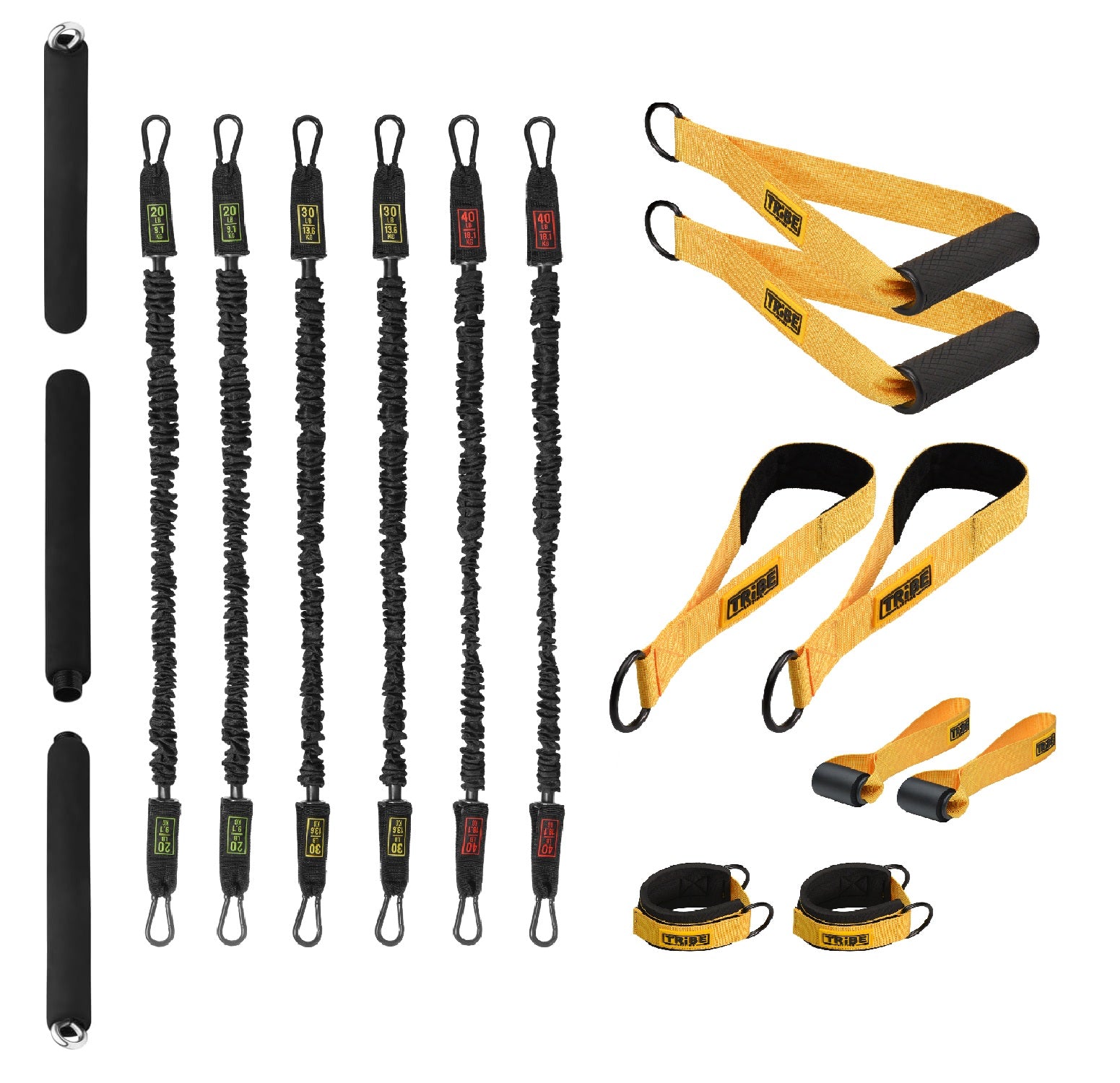 Tribe Lifting yellow nylon resistance bands set with padded bar, stackable tube bands, handles, ankle straps, door anchors, and foot strap attachments for full body strength training.
