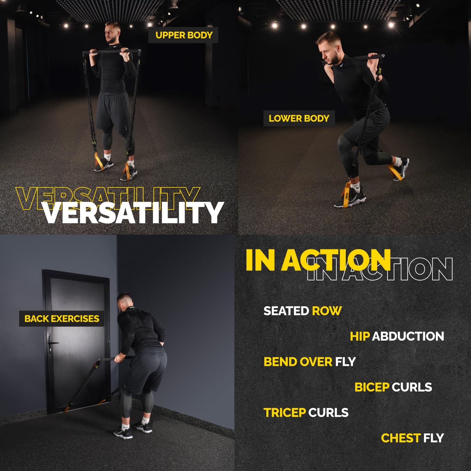 Man using the Tribe Lifting yellow nylon resistance bands set with padded bar for upper body, lower body, and back exercises, showing versatile workouts like seated rows, hip abduction, curls, and chest fly.