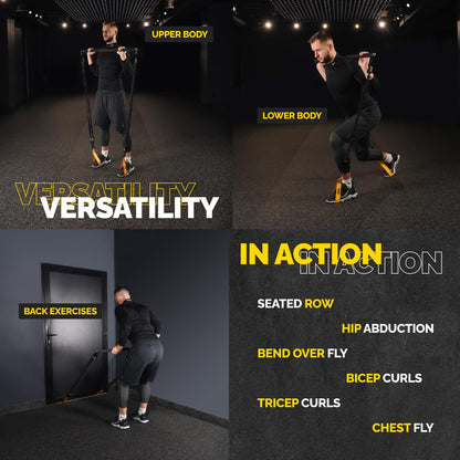 Man using the Tribe Lifting yellow nylon resistance bands set with padded bar for upper body, lower body, and back exercises, showing versatile workouts like seated rows, hip abduction, curls, and chest fly.
