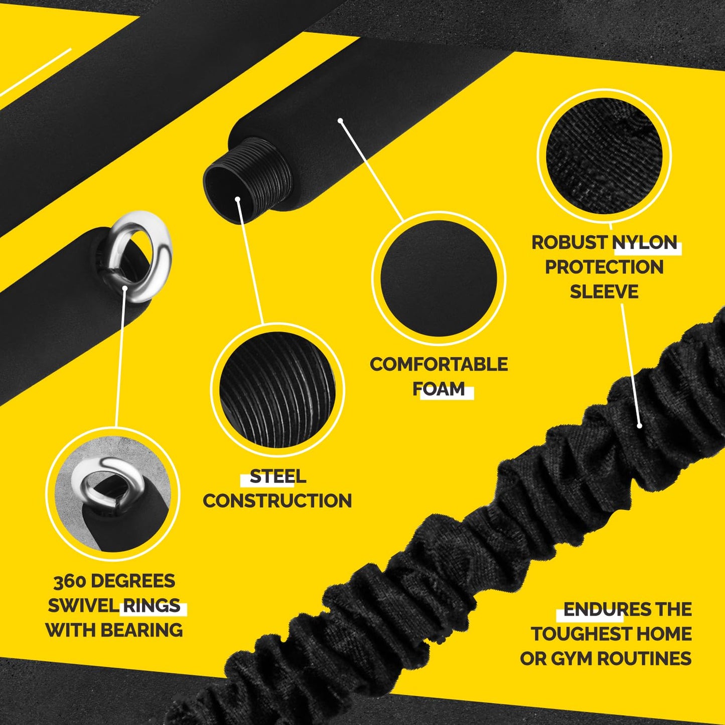 Close-up of the Tribe Lifting yellow resistance bands padded bar showing comfortable foam, steel construction, 360 degree swivel rings with bearings, and robust nylon protection sleeve for durable home or gym workouts.