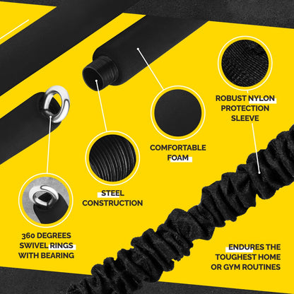 Close-up of the Tribe Lifting yellow resistance bands padded bar showing comfortable foam, steel construction, 360 degree swivel rings with bearings, and robust nylon protection sleeve for durable home or gym workouts.