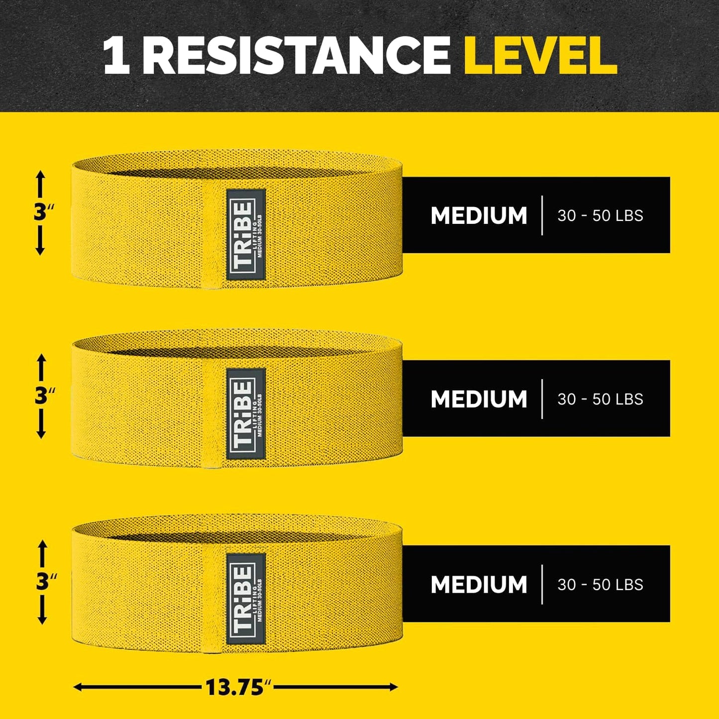Medium resistance chart for the Tribe Lifting yellow premium resistance band showing 30 to 50 lbs resistance and 13.75 x 3 inch size