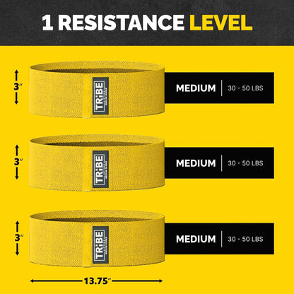 Medium resistance chart for the Tribe Lifting yellow premium resistance band showing 30 to 50 lbs resistance and 13.75 x 3 inch size