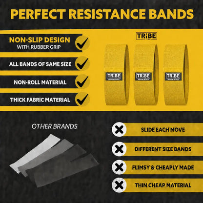 Comparison chart showing the features of the Tribe Lifting yellow premium medium resistance band versus other brands