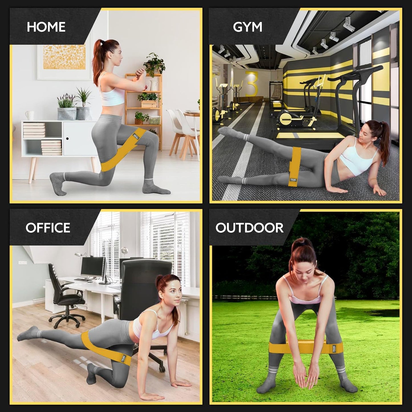 Woman using the Tribe Lifting yellow premium medium resistance band for home gym office and outdoor workouts
