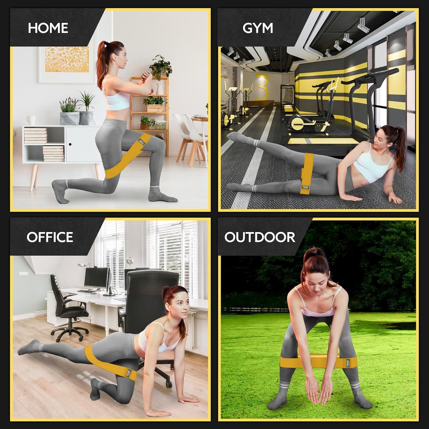 Woman using the Tribe Lifting yellow premium medium resistance band for home gym office and outdoor workouts