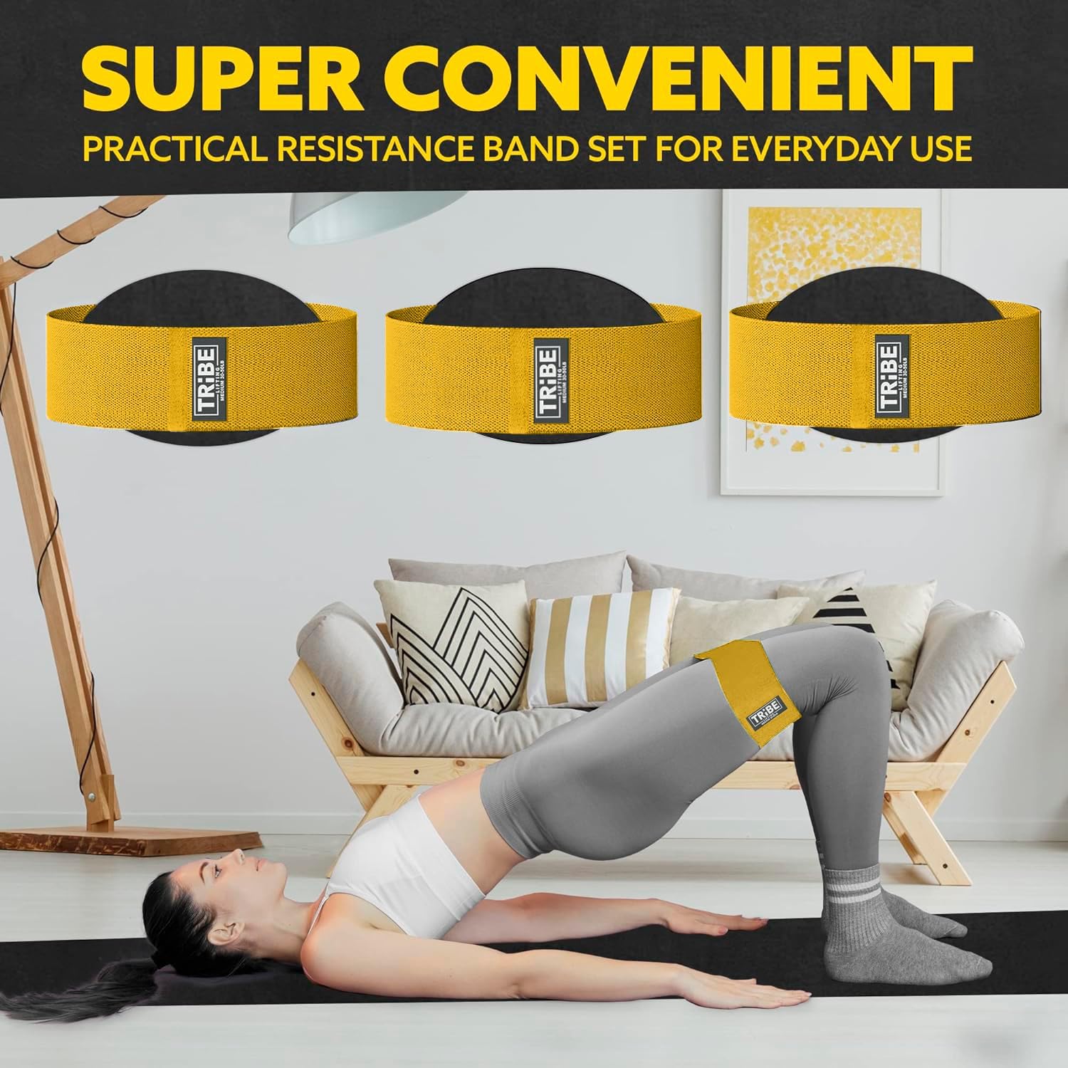 Woman demonstrating a glute bridge with the Tribe Lifting yellow premium medium resistance band during a home workout