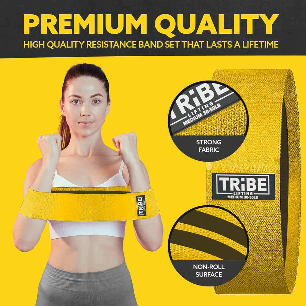 Medium resistance band from the Tribe Lifting yellow premium resistance band collection showing strong fabric and non-roll surface details