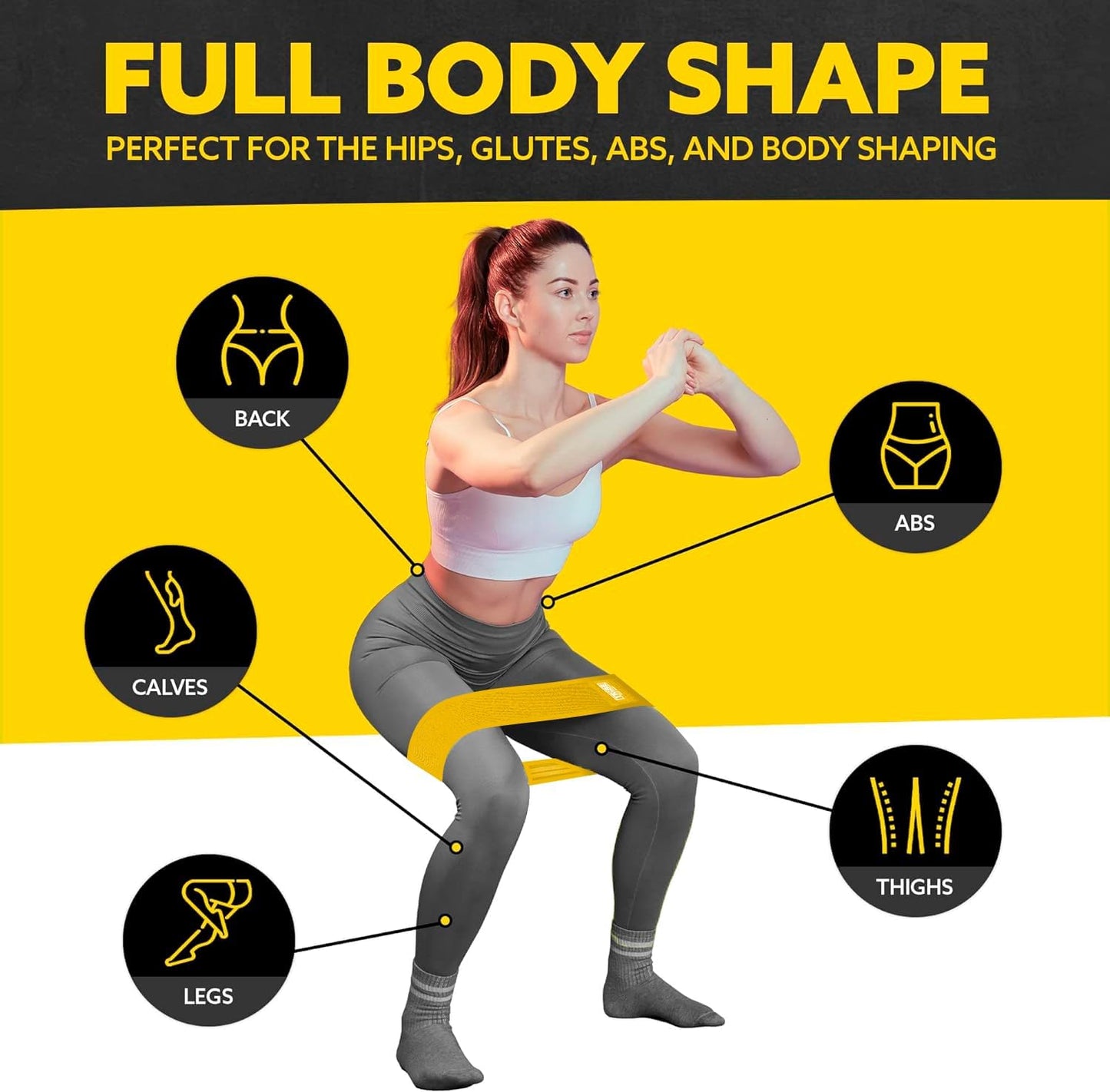 Woman demonstrating a squat with the Tribe Lifting yellow premium medium resistance band with target areas highlighted
