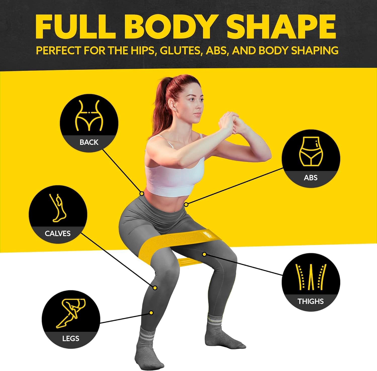 Woman demonstrating a squat with the Tribe Lifting yellow premium medium resistance band with target areas highlighted