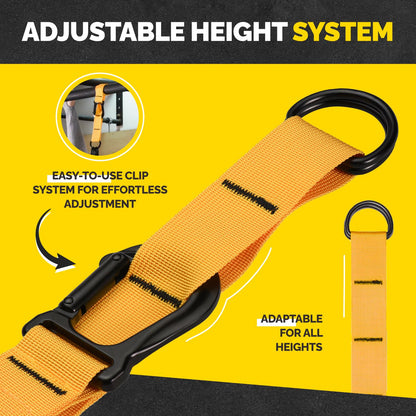 Yellow Tribe Lifting pull-up assistance strap with adjustable height system, easy-to-use clip, black metal rings, and adaptable fit for different user heights.