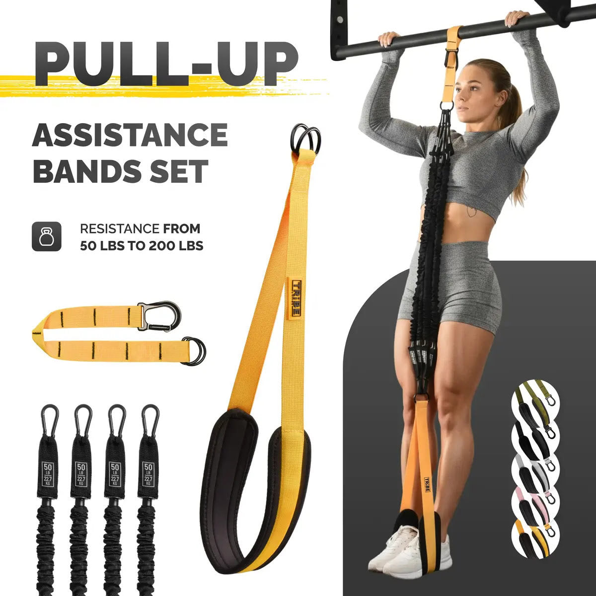 Woman using the yellow Tribe Lifting pull-up assistance bands set with four 50 lb resistance bands, padded foot strap, and adjustable extension strap for 50 lbs to 200 lbs support.