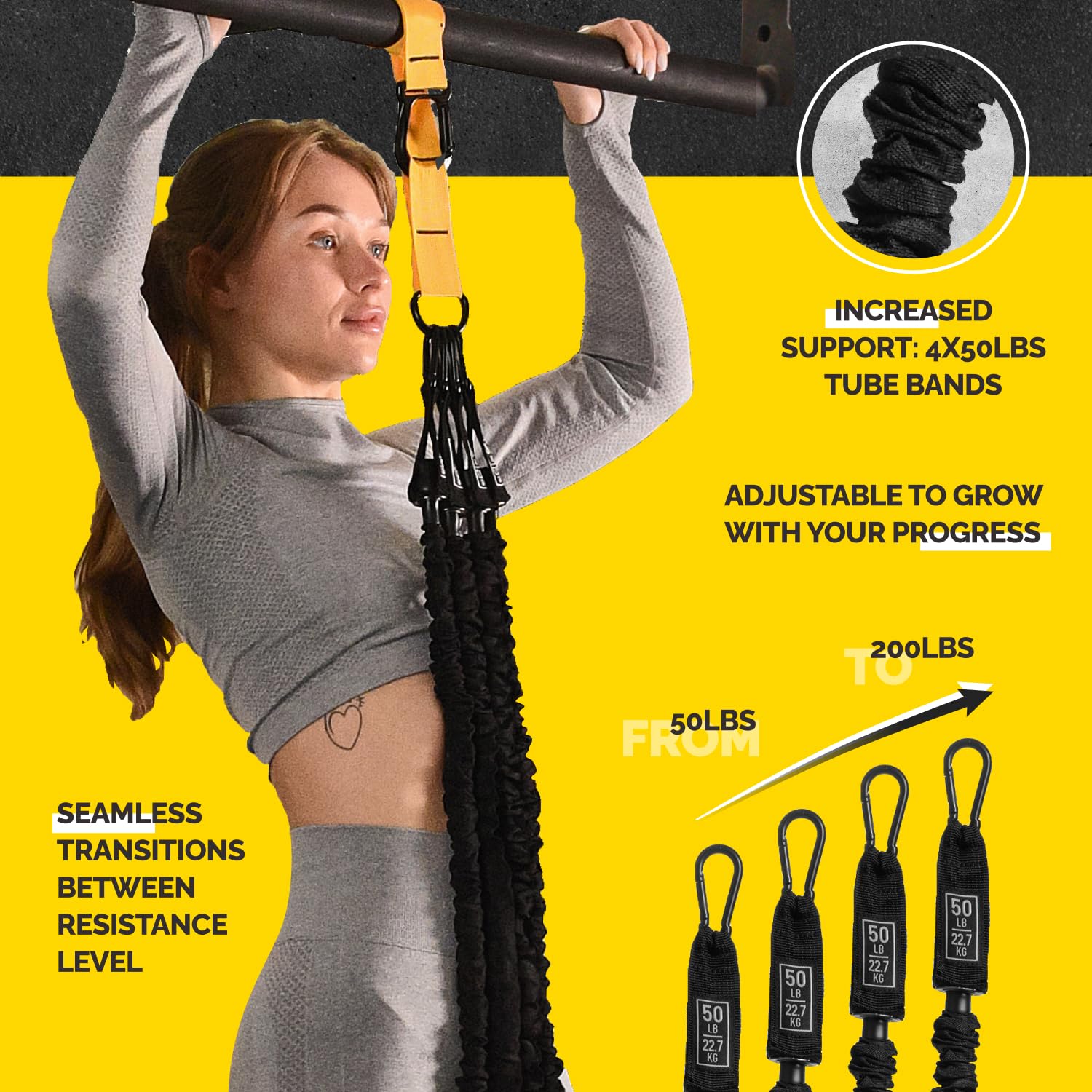 Woman using the yellow Tribe Lifting pull-up assistance set with four 50 lb tube bands, adjustable resistance support, and seamless resistance level transitions from 50 lbs to 200 lbs.
