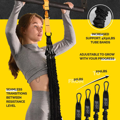 Woman using the yellow Tribe Lifting pull-up assistance set with four 50 lb tube bands, adjustable resistance support, and seamless resistance level transitions from 50 lbs to 200 lbs.