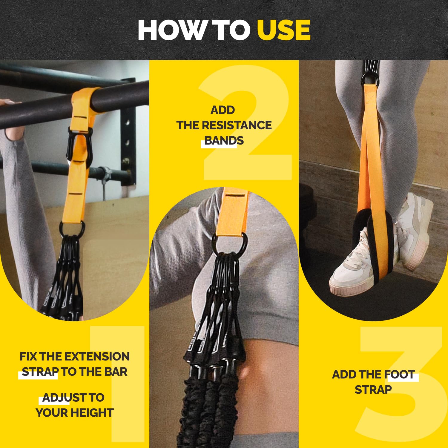 Yellow Tribe Lifting pull-up assistance set how-to guide showing the extension strap attached to a pull-up bar, resistance bands added, and foot strap setup.