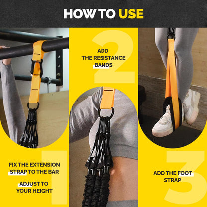 Yellow Tribe Lifting pull-up assistance set how-to guide showing the extension strap attached to a pull-up bar, resistance bands added, and foot strap setup.