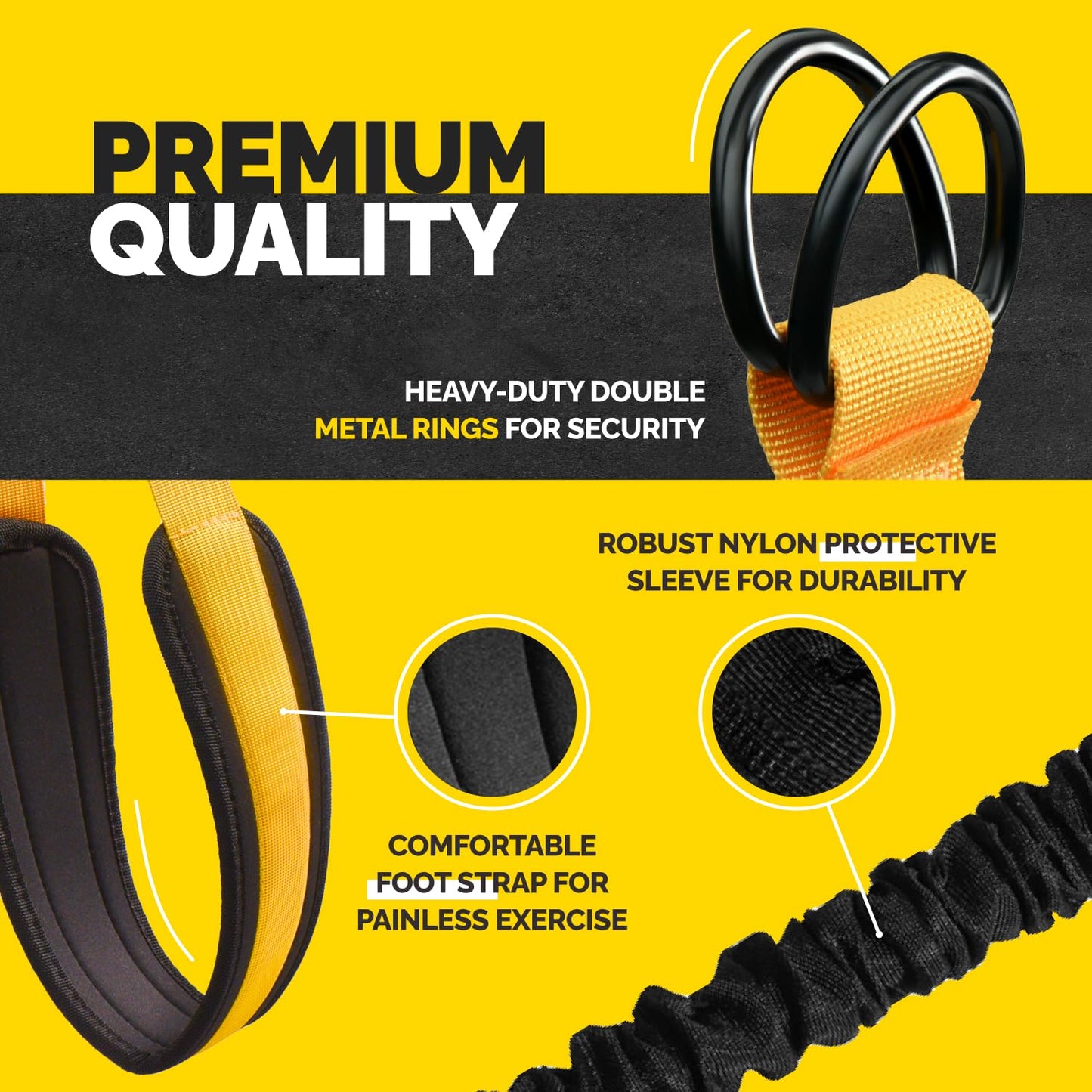 Yellow Tribe Lifting pull-up assistance set showing heavy-duty double metal rings, comfortable padded foot strap, and robust nylon protective sleeve for durable assisted pull-up training.