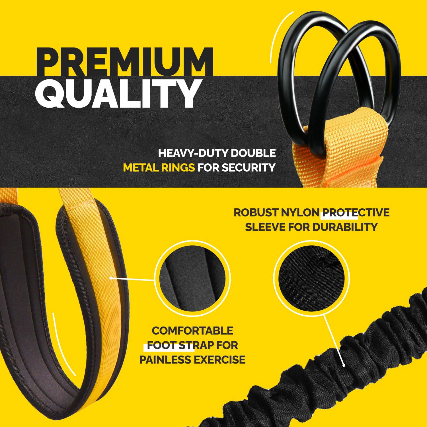 Yellow Tribe Lifting pull-up assistance set showing heavy-duty double metal rings, comfortable padded foot strap, and robust nylon protective sleeve for durable assisted pull-up training.