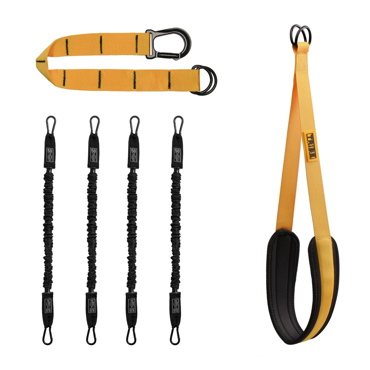 Yellow Tribe Lifting pull-up assistance set product kit with four 50 lb resistance bands, adjustable extension strap with clip, and padded foot strap for assisted pull-up training.