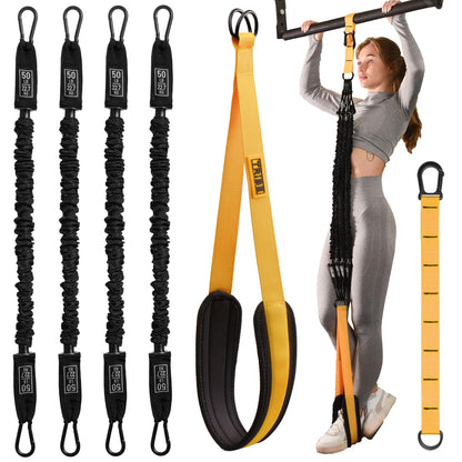 Woman using the yellow Tribe Lifting pull-up assistance set with four 50 lb resistance bands, padded foot strap, adjustable extension strap, and pull-up bar attachment for assisted pull-up training.