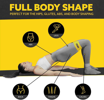 Woman demonstrating a glute bridge with the yellow x-light fabric resistance band from the Tribe Lifting resistance bands set of 5 with target areas highlighted