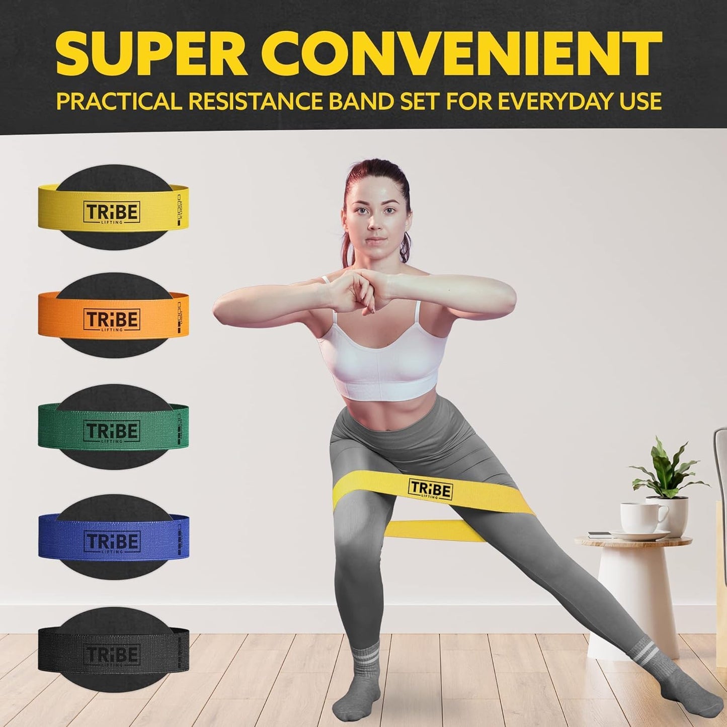 Woman demonstrating a side lunge with the yellow x-light fabric resistance band from the Tribe Lifting resistance bands set of 5 at home